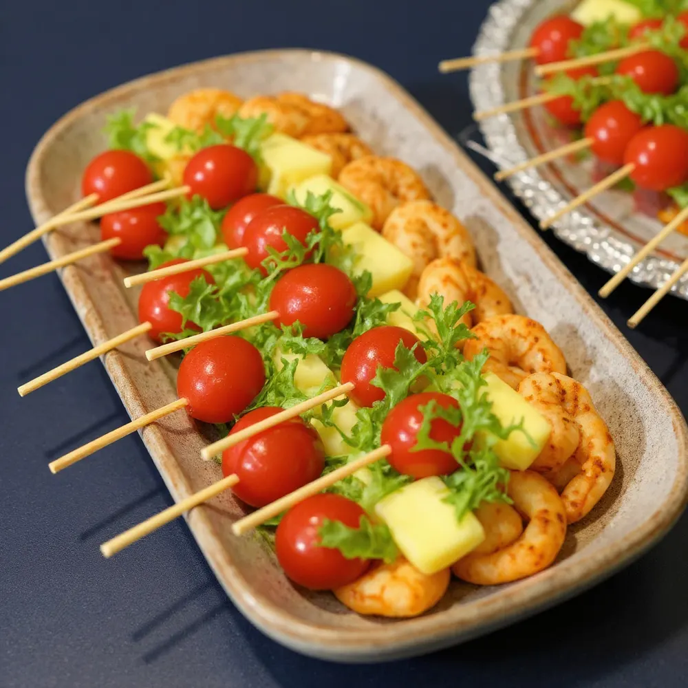 새우와 방울토마토, 치즈를 끼운 핑거푸드 스큐어